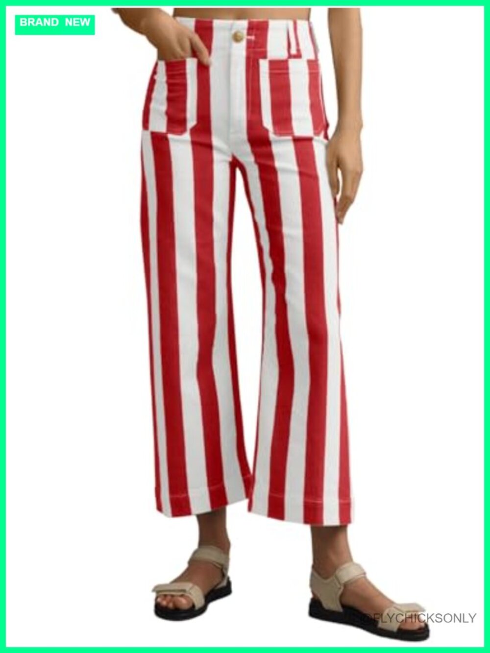 Womens Cropped Striped Jeans High Waisted Wide Leg Stretchy Denim Pants